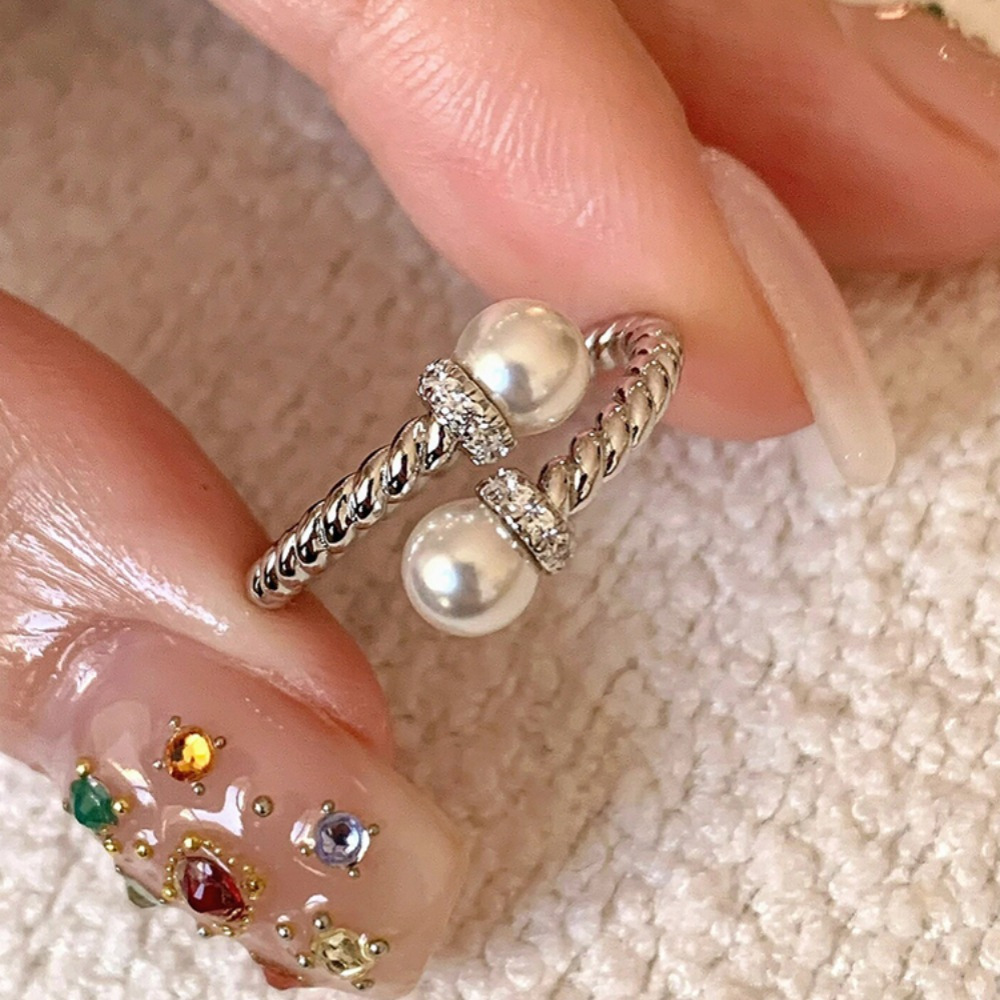 Vintage twisted double pearl ring for women, 925 sterling silver ring, a niche high-end feel, light luxury, versatile open index finger ring full figure