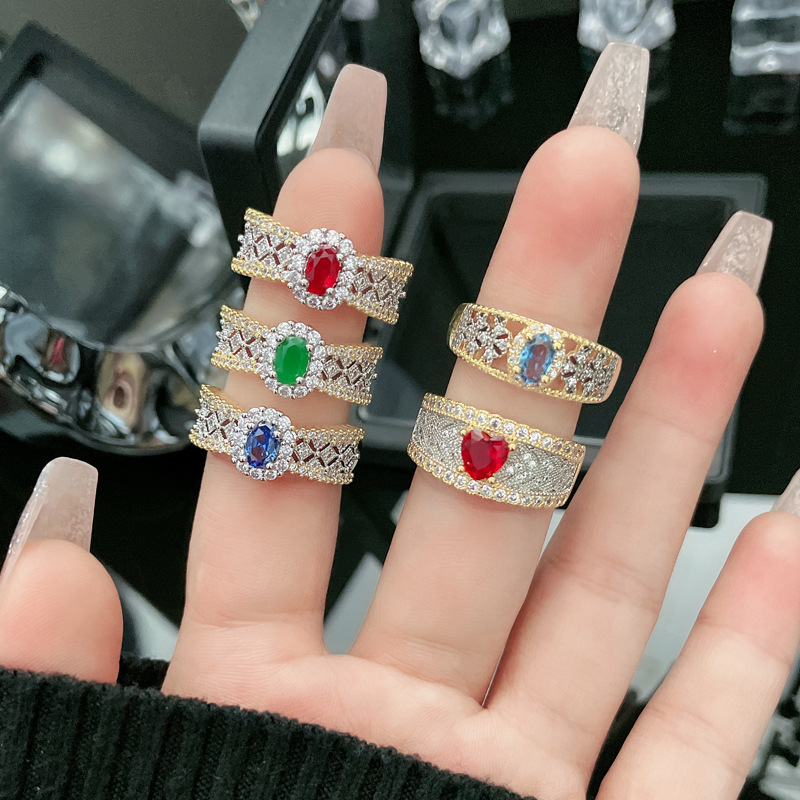 European and American cross-border colored gemstone vintage hollowed-out fashionable open ring for women to wear in layers, retro, individual, niche and high-end style ring Application Scenario