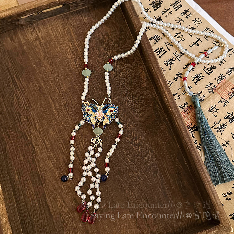 Hanfu ancient-style accessories, extended imitation pearl necklace, court retro necklace, Song-style blue glazed pendant for women details Picture