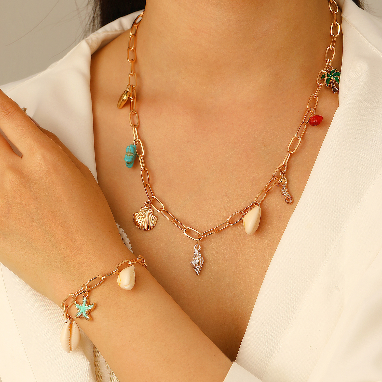 European and American cross-border Bohemian ocean vacation style starfish shell heavy industry necklace accessory for women necklace bracelet Specification drawing