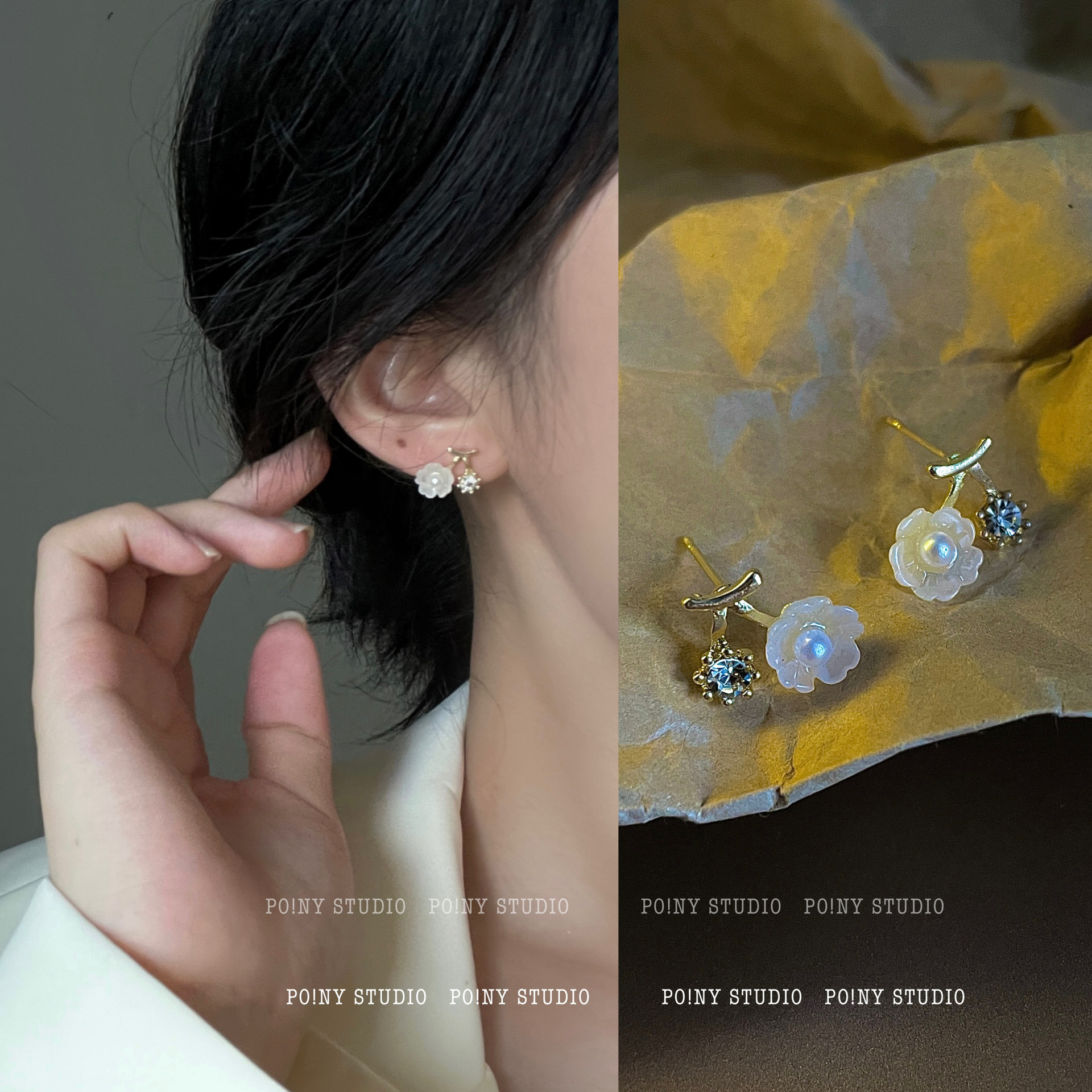 Sweet water diamond flower earrings from Japan and South Korea, a new trendy and light luxury stud earrings for women in 2025, a niche summer design for women full figure