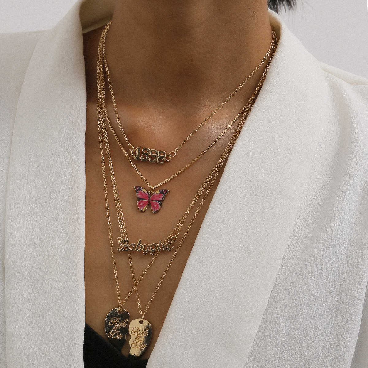 European and American cross-border jewelry punk versatile heart-shaped geometric necklace, women's colorful creative butterfly elegant letter necklace Specification drawing