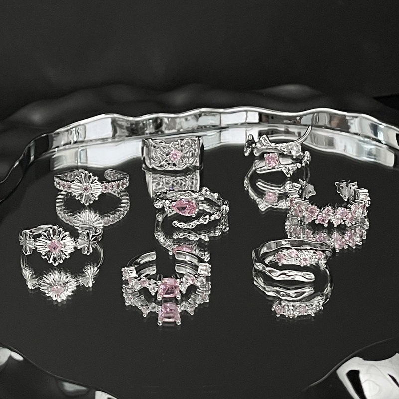 Sweet and cool light luxury pink diamond irregular texture open ring, a unique and high-end feminine style, a cool and fashionable ring for hot girls details Picture