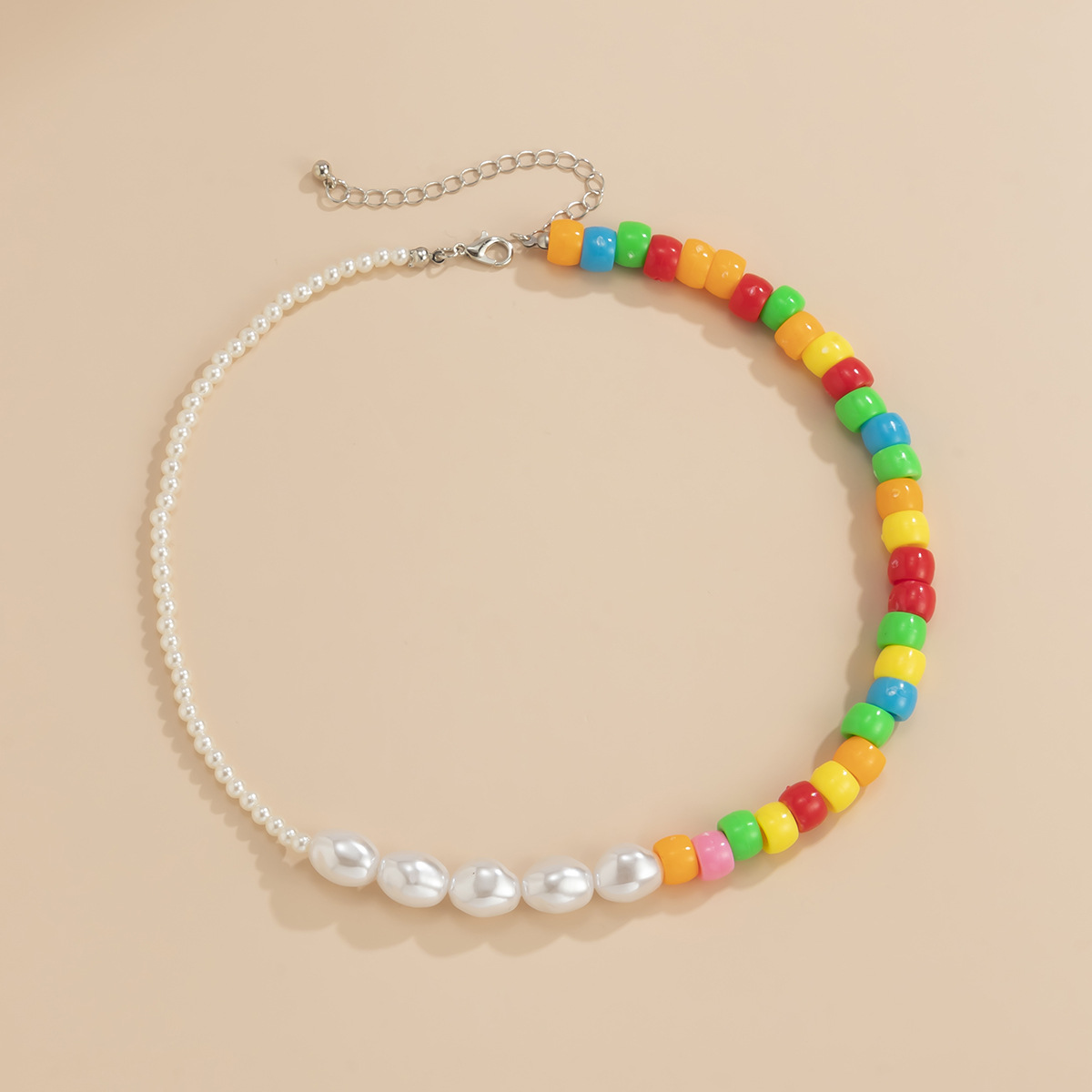 European and American cross-border jewelry: Simple candy-colored patchwork round bead collarbone chain, color-blocking single-layer pearl imitation necklace details Picture