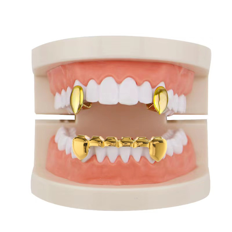 European and American hiphop glossy single pointed braces, hip-hop braces, small tiger teeth, flat teeth, party decoration, gold braces full figure