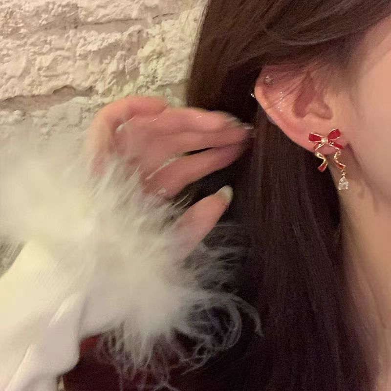 Autumn and winter New Year red bow ribbon earrings, zircon stud earrings for women, light luxury and high-end earrings wholesale details Picture