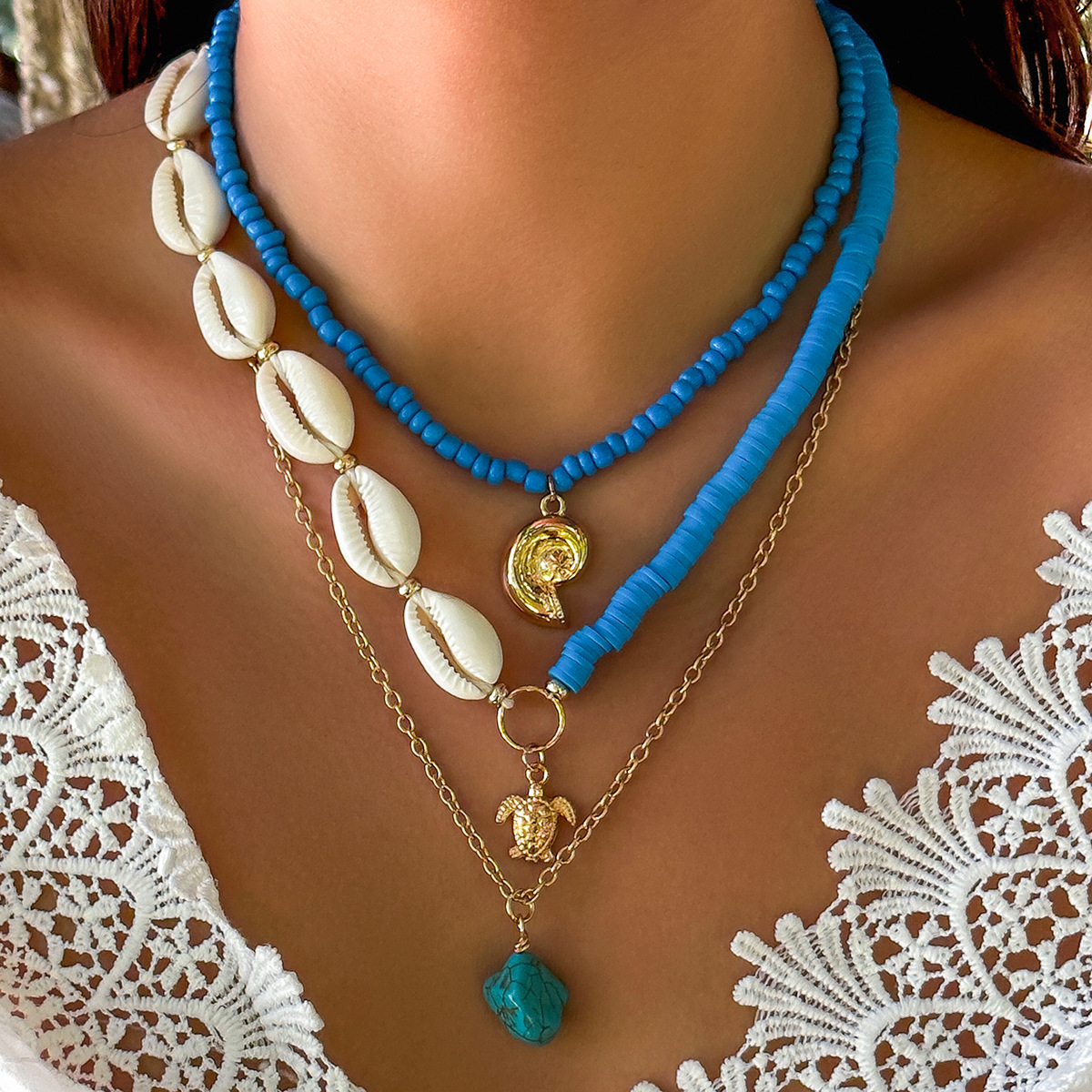 European and American cross-border jewelry, Bohemian sunflower multi-layer necklace, women's summer niche imitation pearl shell necklace full figure
