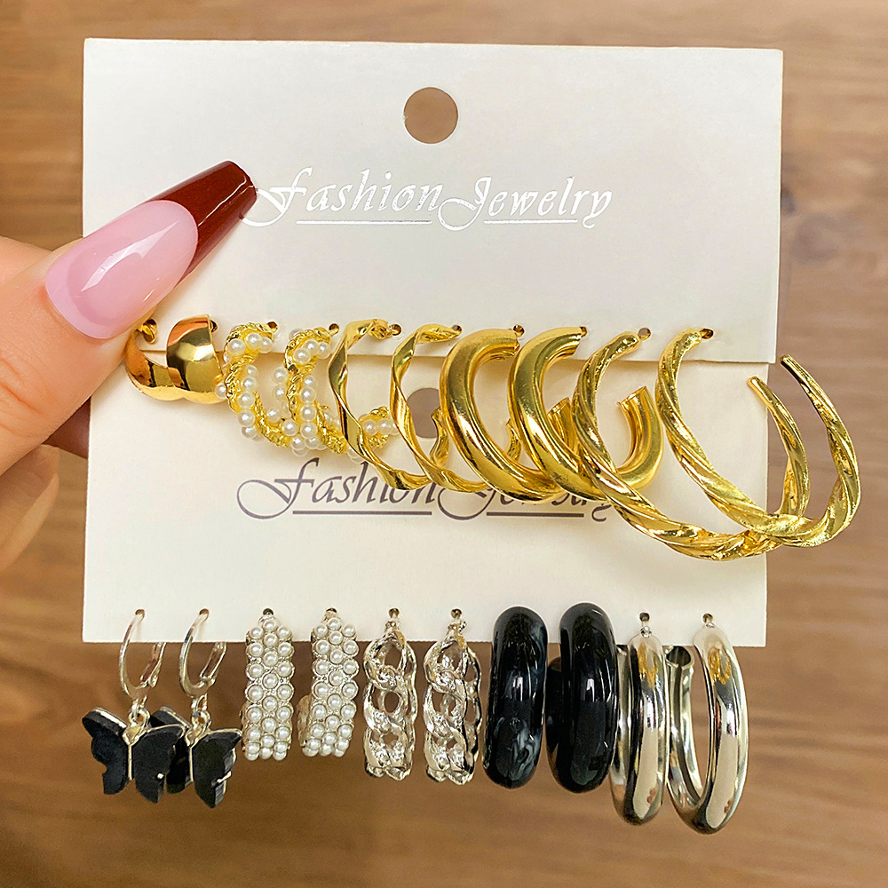 Cross-border best-selling geometric C-shaped set acrylic earrings, multiple pairs of European and American creative butterfly pearl pendant earrings Specification drawing