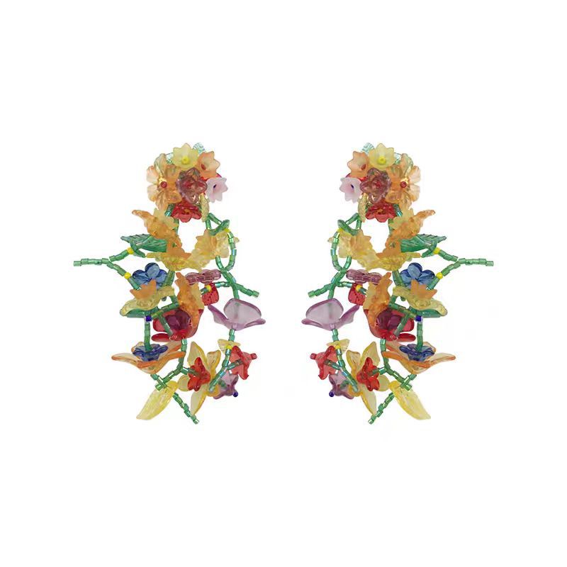 Personalized design sense, colorful flowers, hand-woven stud earrings, women's spring and summer beaded flower and leaf earrings, long earrings Item Picture