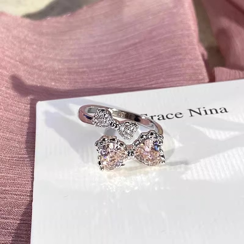 Sweet and cool pink diamond bow open ring, women's light luxury and elegant index finger ring, niche design, high-end and fashionable ring Application Scenario