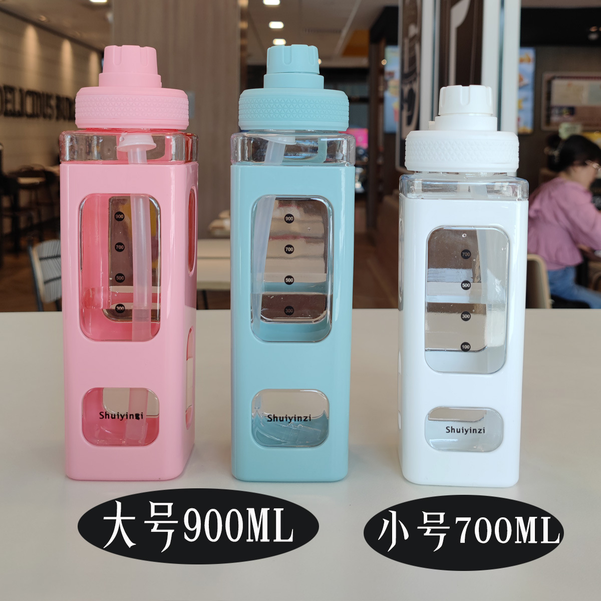 Wholesale square straw plastic sports water bottles, cross-border e-commerce, high appearance level square cup double-layer convenient handle water bottles full figure