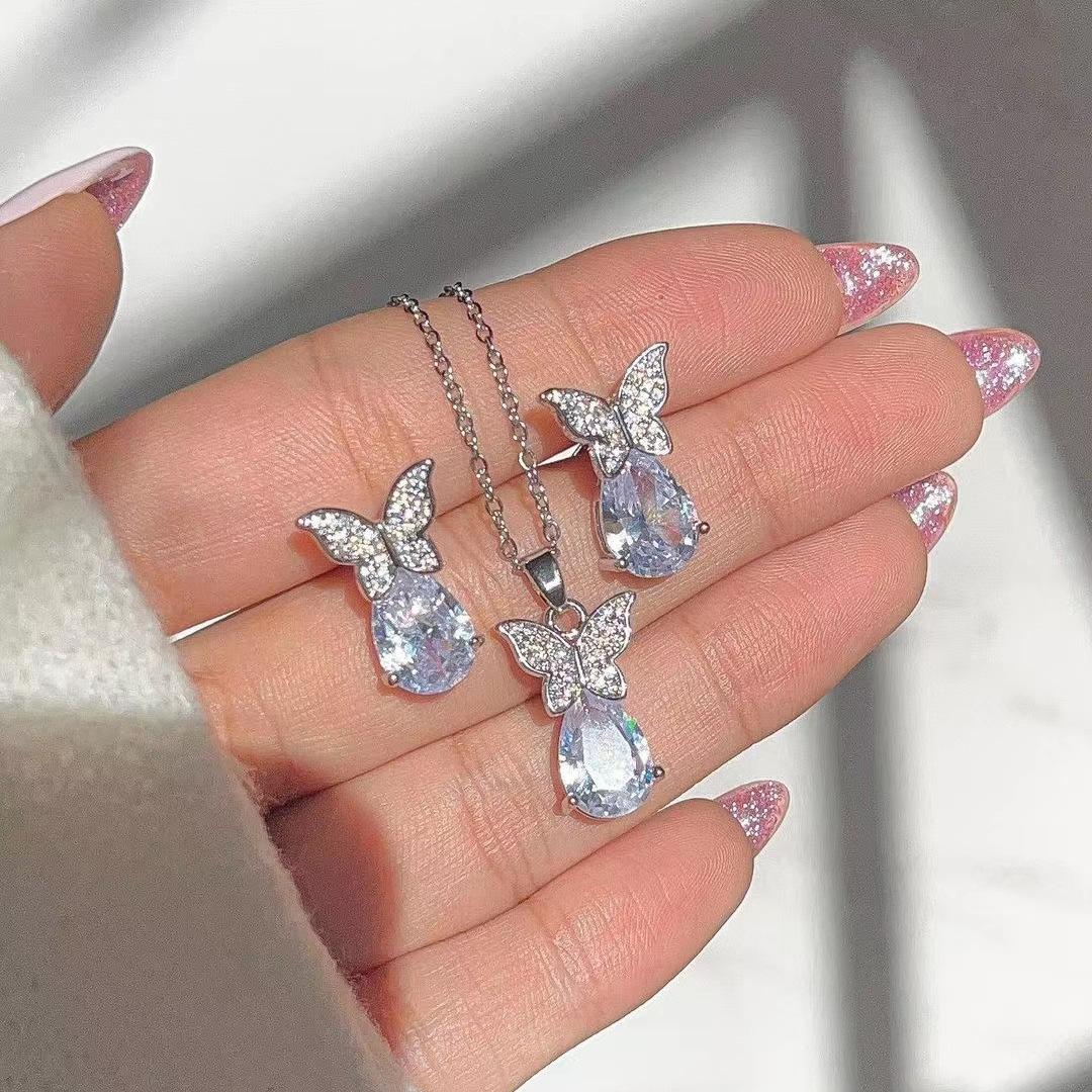 European and American cross-border diamond-encrusted butterfly water drop jewelry set, women's InS-style creative butterfly necklace and earring set Specification drawing