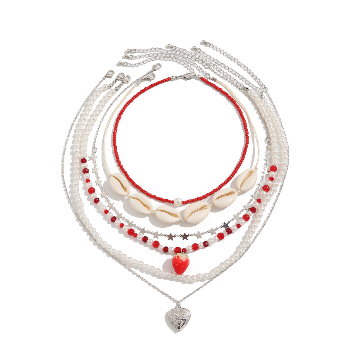 European and American cross-border jewelry sweet style strawberry pendant collarbone chain, fresh and clean rice bead beaded shell necklace set Item Picture