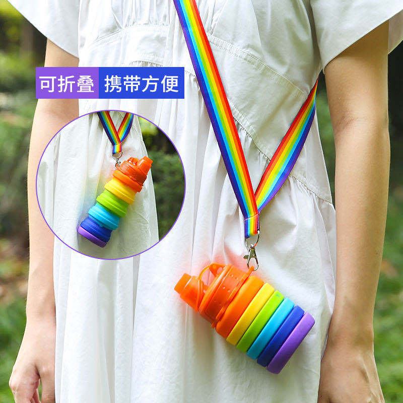 Cross-border exclusive silicone rainbow water cup, outdoor travel sports water bottle, retractable water bottle Specification drawing