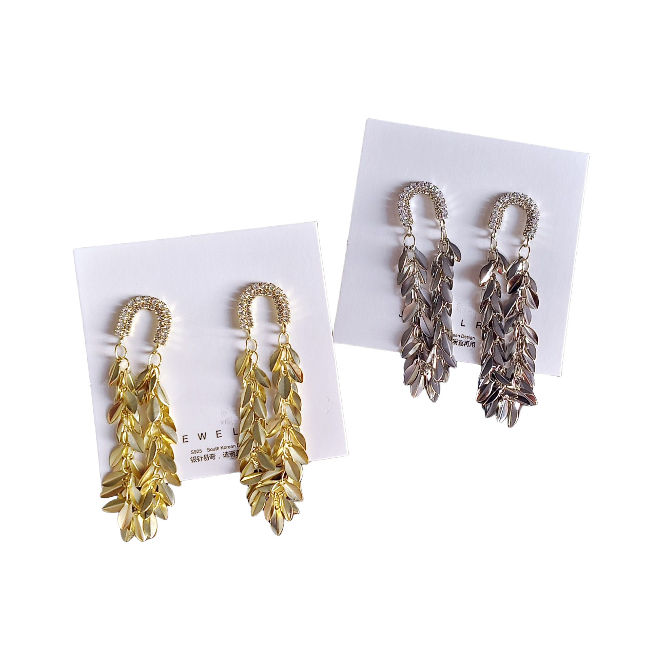 Cross-border European and American style metallic texture leaf tassel geometric zircon stud earrings, ins trendy and high-end earrings and pendants Item Picture
