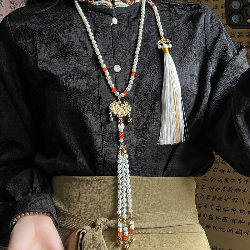 Hanfu court-style long back-cloud daily necklace, versatile horse face skirt accessory necklace, peony lock soft necklace Specification drawing