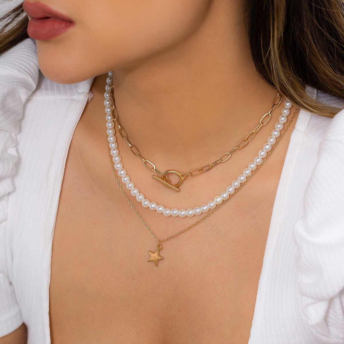 European and American cross-border jewelry, beaded star heart pendant, collarbone chain necklace, metal style, sweet and cool imitation pearl necklace Specification drawing