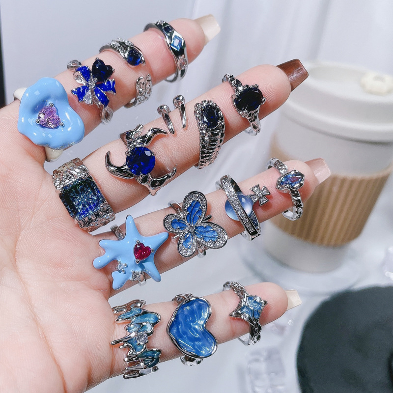 The unconventional irregular blue series of ring rings for women is simple, elegant, fashionable and versatile. Open ring Y2K Autumn and winter accessories full figure