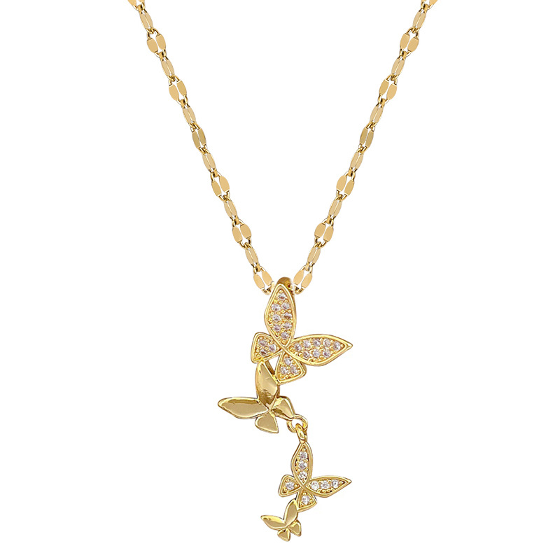 【 Titanium Steel 】 Butterfly tassel, light luxury, luxurious, full diamond necklace, versatile collarbone chain for female Internet celebrities, titanium steel chain Item Picture