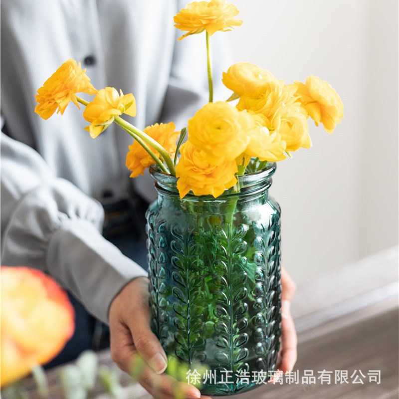 Nordic light luxury ins retro engraved table ornaments, glass vases, flower vases, American open-mouthed dry vases details Picture