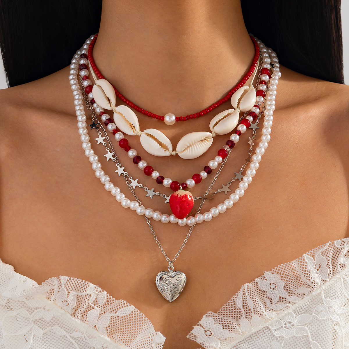 European and American cross-border jewelry sweet style strawberry pendant collarbone chain, fresh and clean rice bead beaded shell necklace set Specification drawing