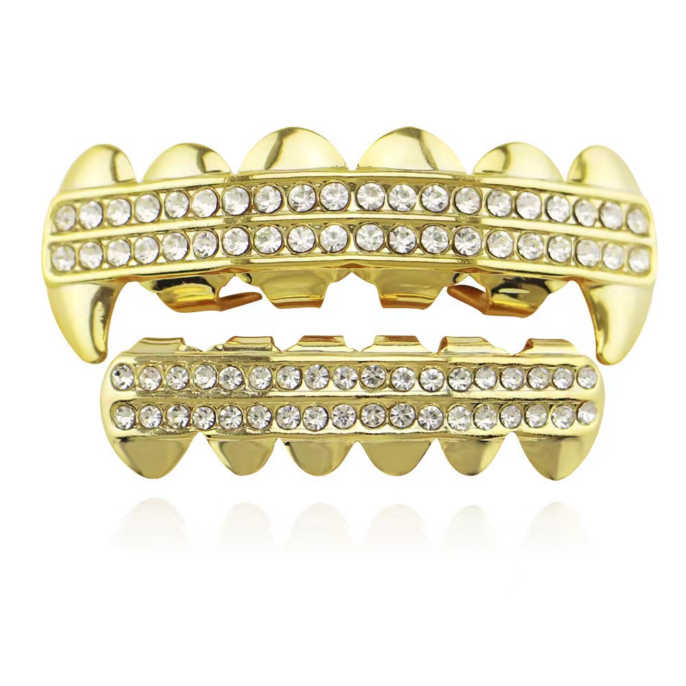 18k electroplated diamond-encrusted double-row diamond hip-hop braces for men and women, Halloween tiger teeth, vampire dentures, pointed teeth accessories details Picture