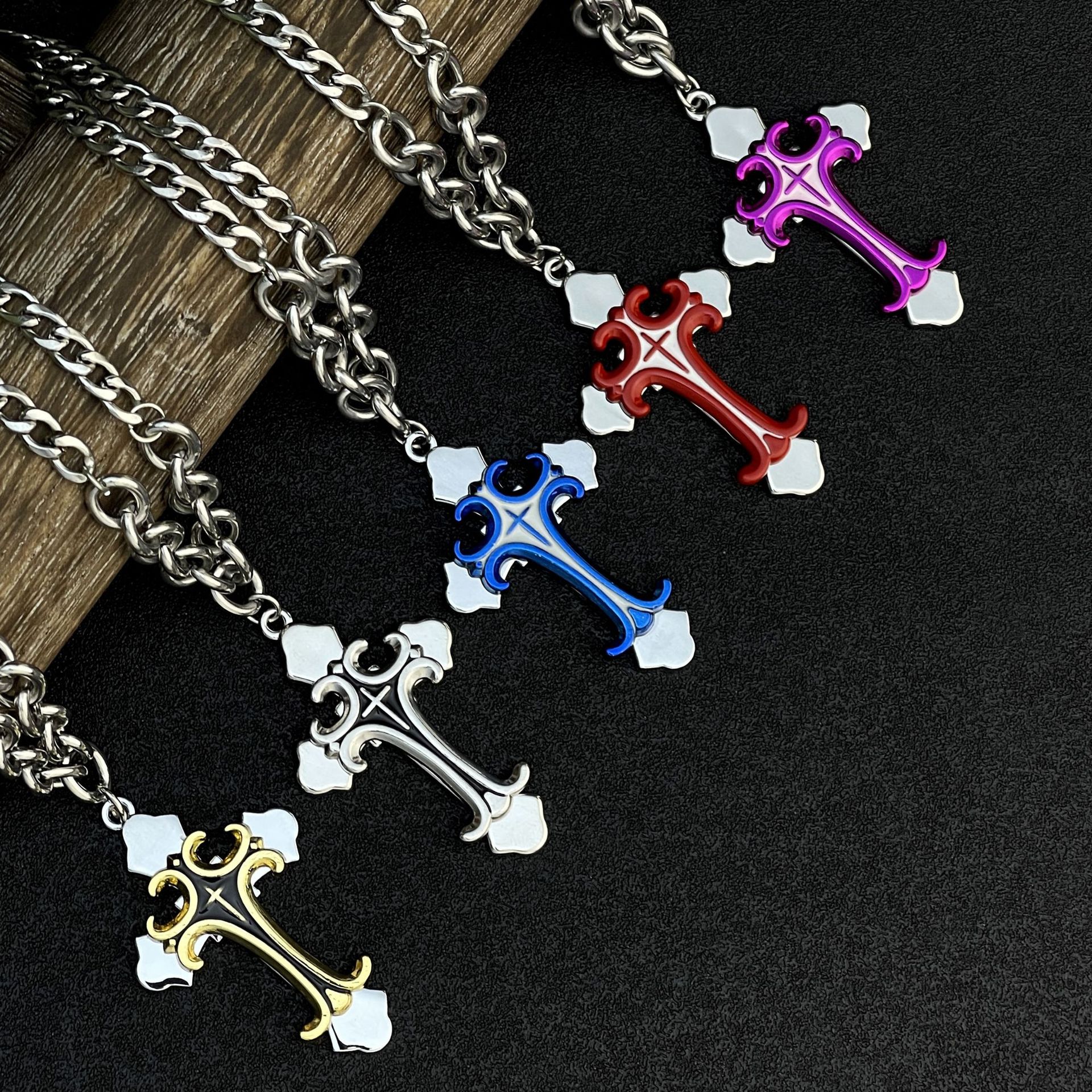 New European and American colorful multi-layer cross stainless steel necklace, street style hip-hop alloy pendant sweater chain full figure