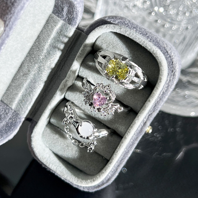 Korean-style light luxury pink diamond heart-shaped sweet and cool exquisite open ring, moonstone chain for women, versatile and fashionable index finger ring trend Specification drawing