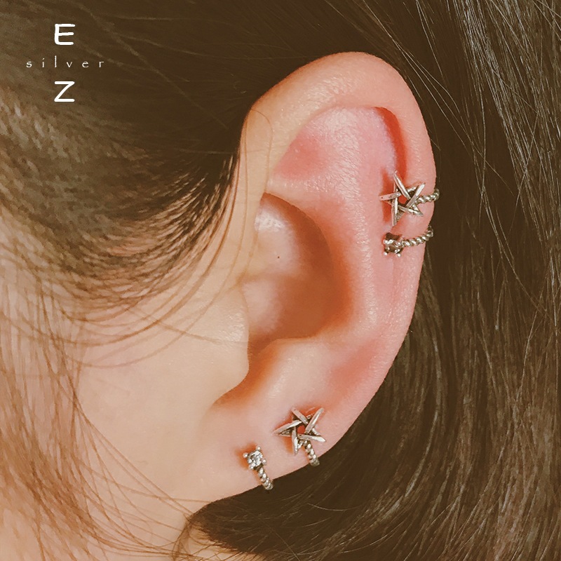Retro five-pointed star ear clips, Korean version S925 silver fresh and clean ear bone clips, ear buckles, no ear holes, student girl full figure