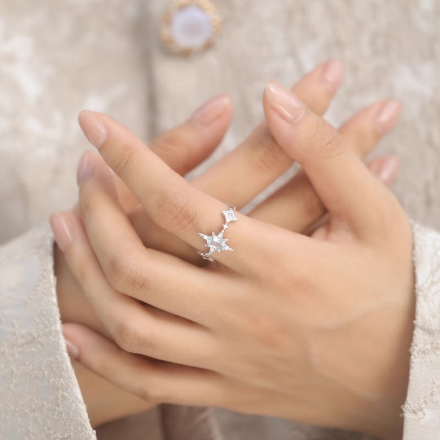 Human sea starlight blue zircon star ring for women, light luxury, niche, high-end, simple and versatile, elegant open ring Item Picture