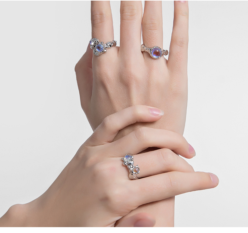 A niche Instagram moonstone high-end retro ring for women, a new Chinese-style trendy, light luxury, individual and elegant index finger ring set details Picture