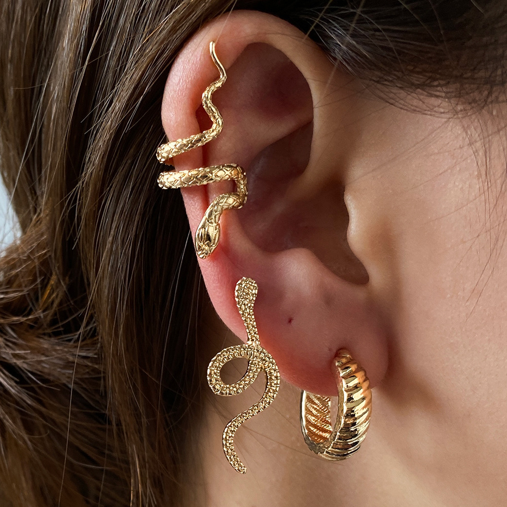 European and American cross-border ins style retro snake ear studs, ear bone clips, ear clips set, women's fashionable and simple earrings three-piece set full figure