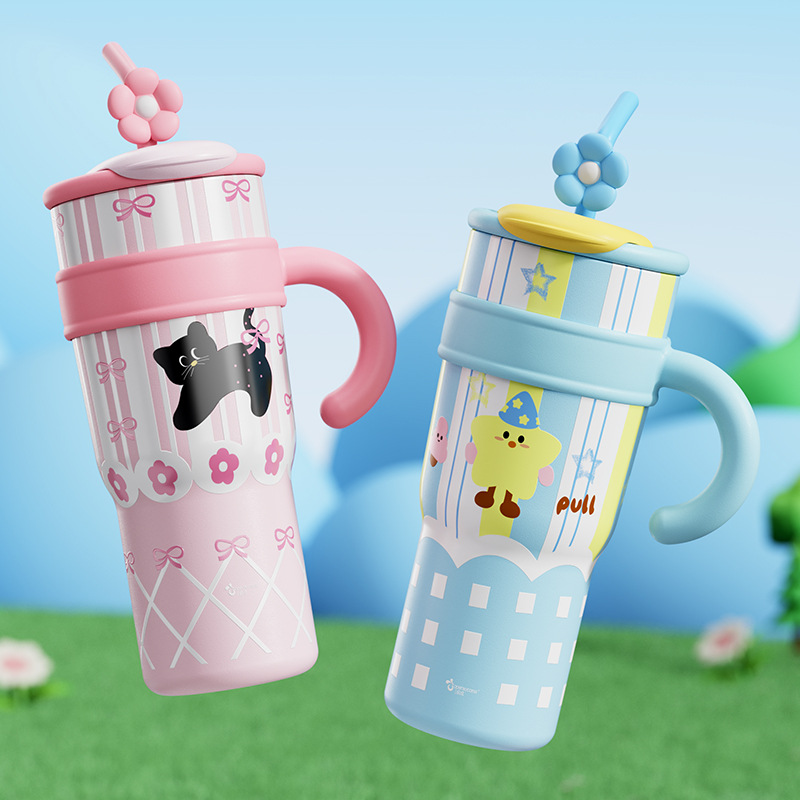 Wholesale of new cartoon large-capacity ice cup, straw coffee cup, stainless steel insulated cup and high-appeartion-level handle cup details Picture