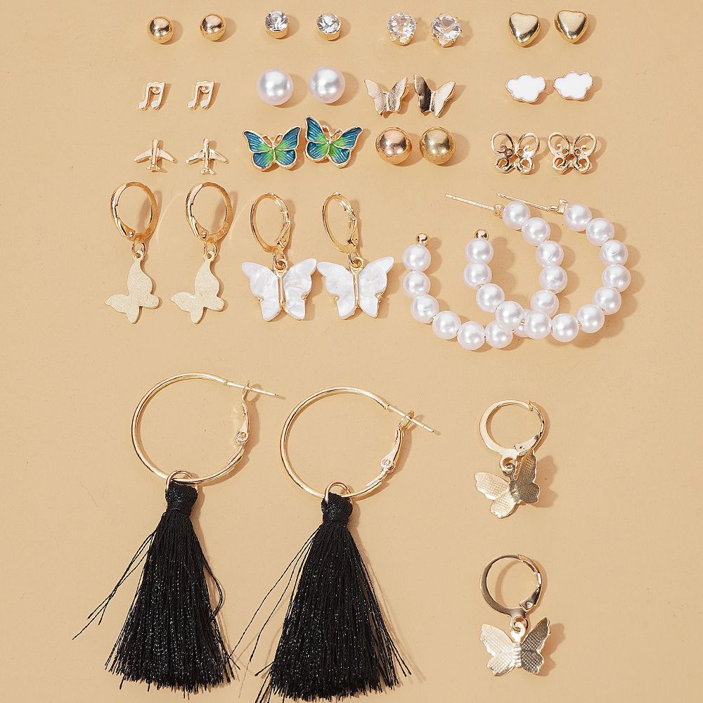 Cross-border earrings Butterfly Pearl Zircon heart Stud set 16 pairs simple earrings earrings set batch Specification drawing
