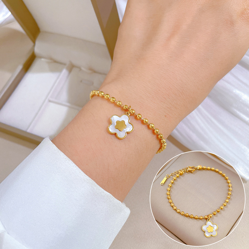 【 All-Titanium Steel 】 Dongdaemun Unique and Elegant shell Flower round bead bracelet, a retro gift for female Internet celebrities and best friends full figure