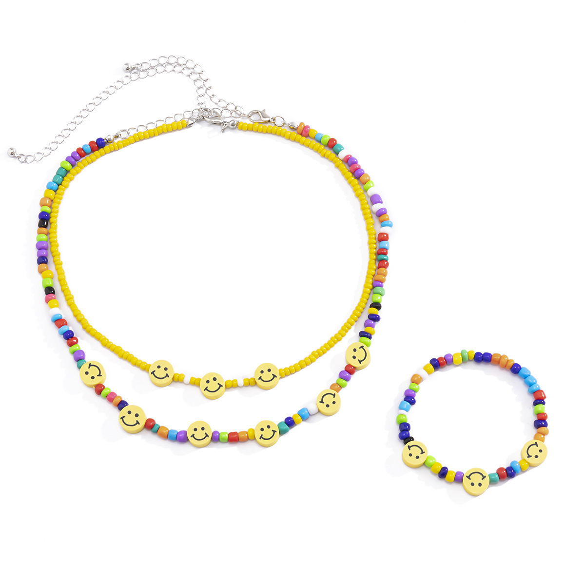 Simple and colorful rice bead chain necklace from Europe and America, elegant and stylish yellow smiling face jewelry set Item Picture