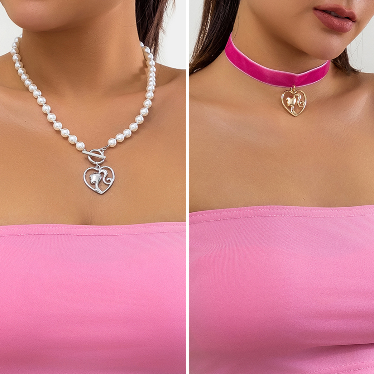 European and American cross-border niche choker hip-hop beaded necklace, simple and elegant, heart-shaped, versatile pearl imitation necklace accessory full figure