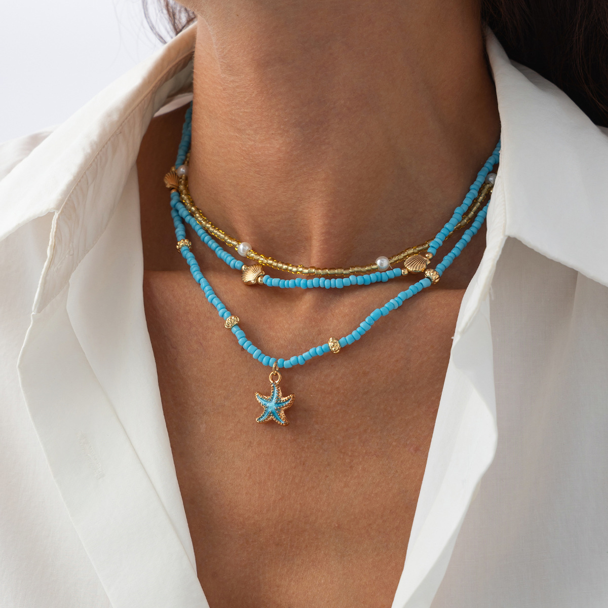 European and American cross-border jewelry, beach personalized oil-dripping little starfish pendant necklace, Bohemian rice bead beaded necklace Specification drawing