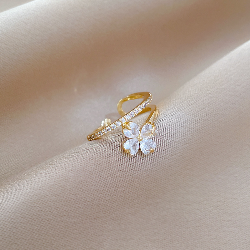 【 Real Gold 】 Lucky flower Full diamond ring with adjustable opening, simple Japanese-style ring couple rings full figure