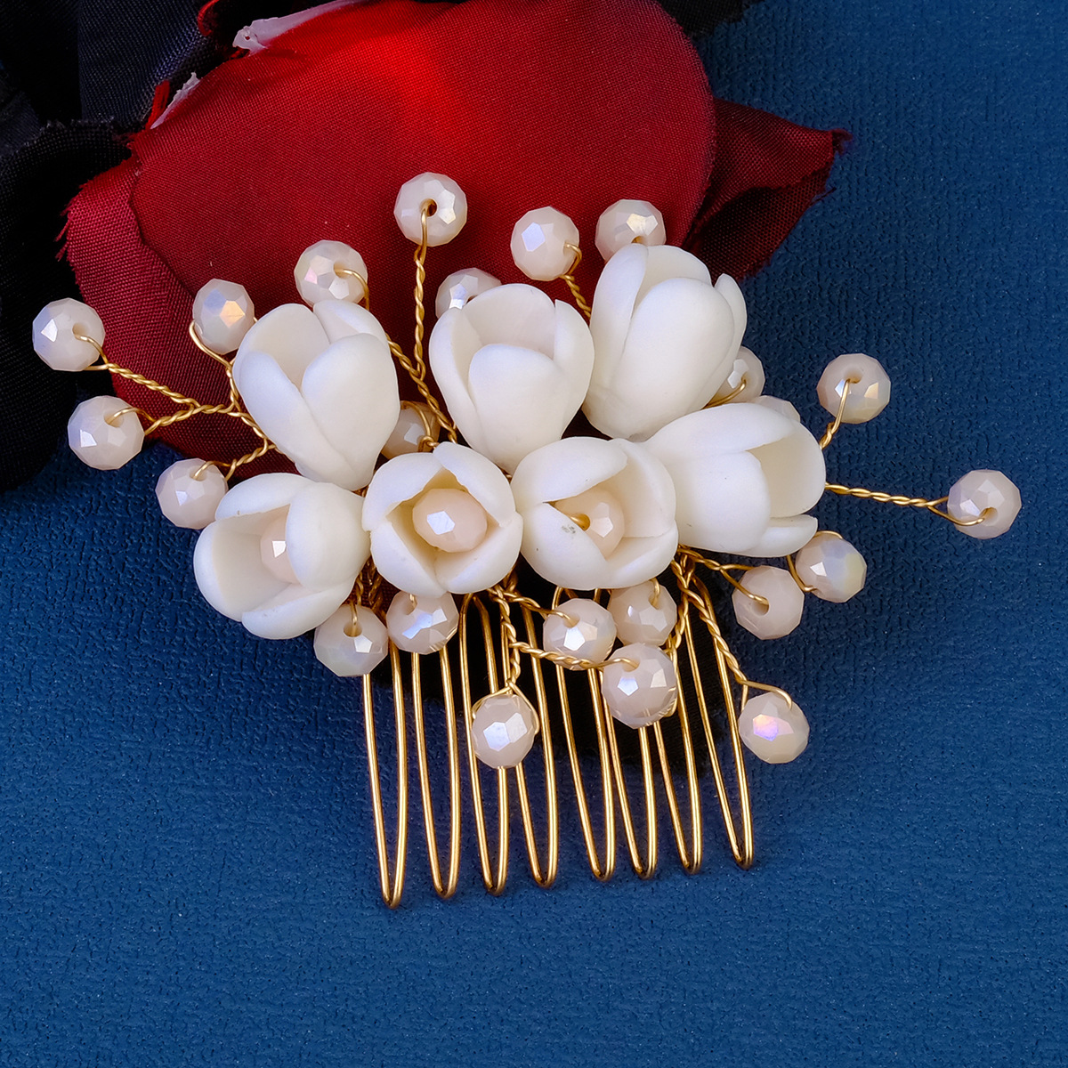 New Chinese-style Xiuhe ancient-style hair accessories, beautiful forest-themed flower hand-arranged combs, bride's updo, ceramic flower pearl hair combs details Picture