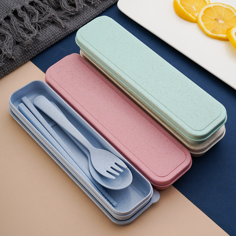 Three-piece set of cross-border Amazon wheat straw spoons, chopsticks and forks for students, portable tableware gifts Specification drawing