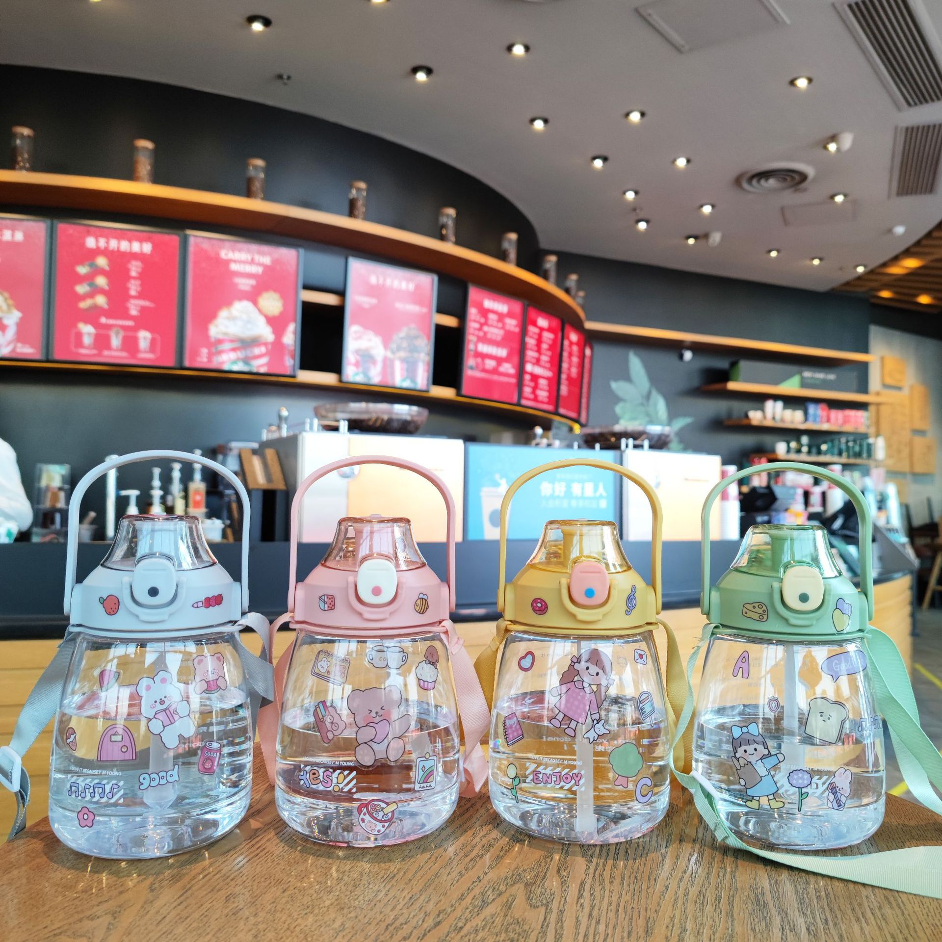 Large-capacity student portable backpack water bottle, children's straw, large-bellied cup with 2D stickers, popular chubby cup 1100ml full figure
