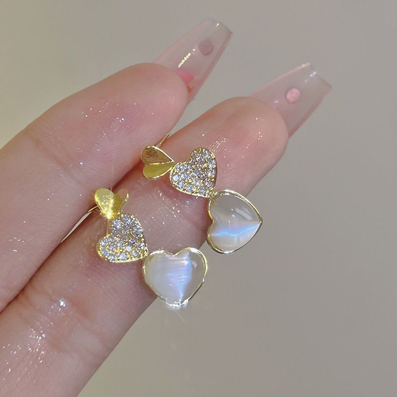 Gentle and elegant ~ New trendy heart-shaped cat's eye stone ear studs for women, light luxury, niche and high-end earrings and earrings in 2025 Specification drawing