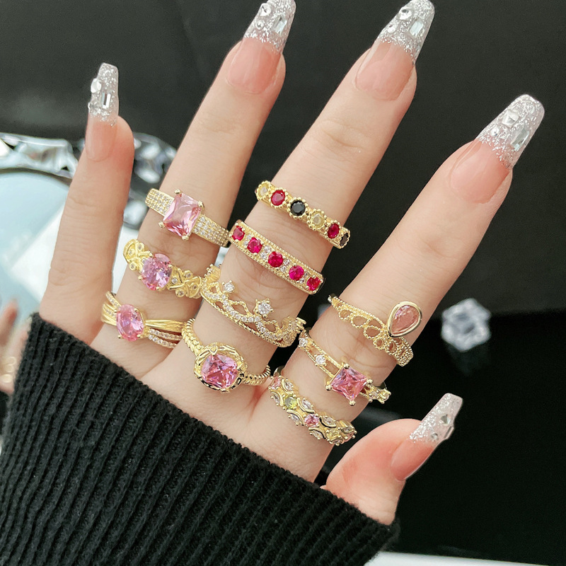 French retro court gold pink diamond open ring for women's ins, cold style, niche design, light luxury style ring full figure