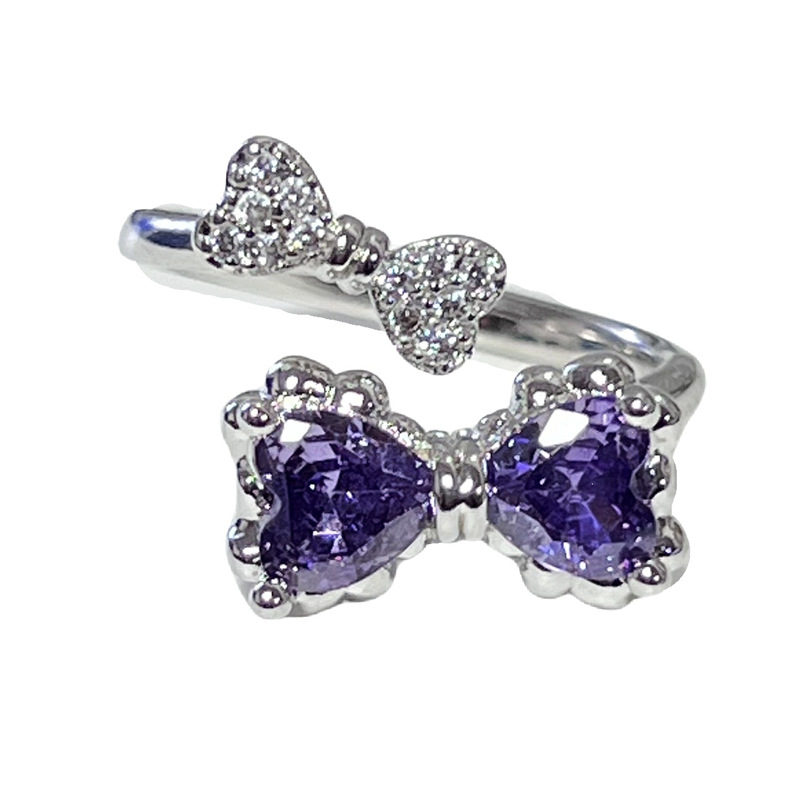 French super fairy colored diamond irregular bow, exquisite texture, open ring, sweet and cool, square sugar geometric index finger ring Item Picture