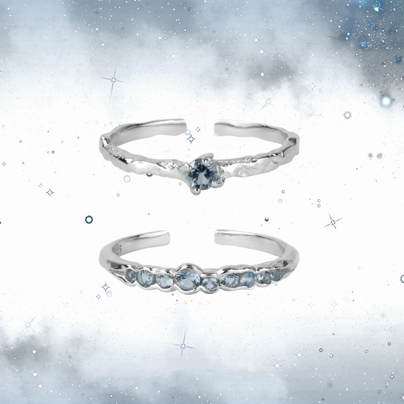Exquisitely layered ins cold style blue zircon open ring, a high-end, light luxury, trendy and versatile personalized ring for women full figure