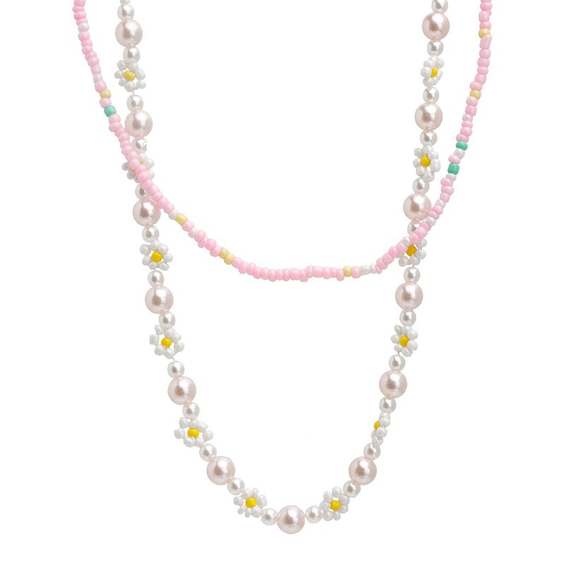 Sweet girl ~ Pink beaded flower double-layered necklace, a new summer 2023 accessory, forest-themed style collarbone chain Item Picture