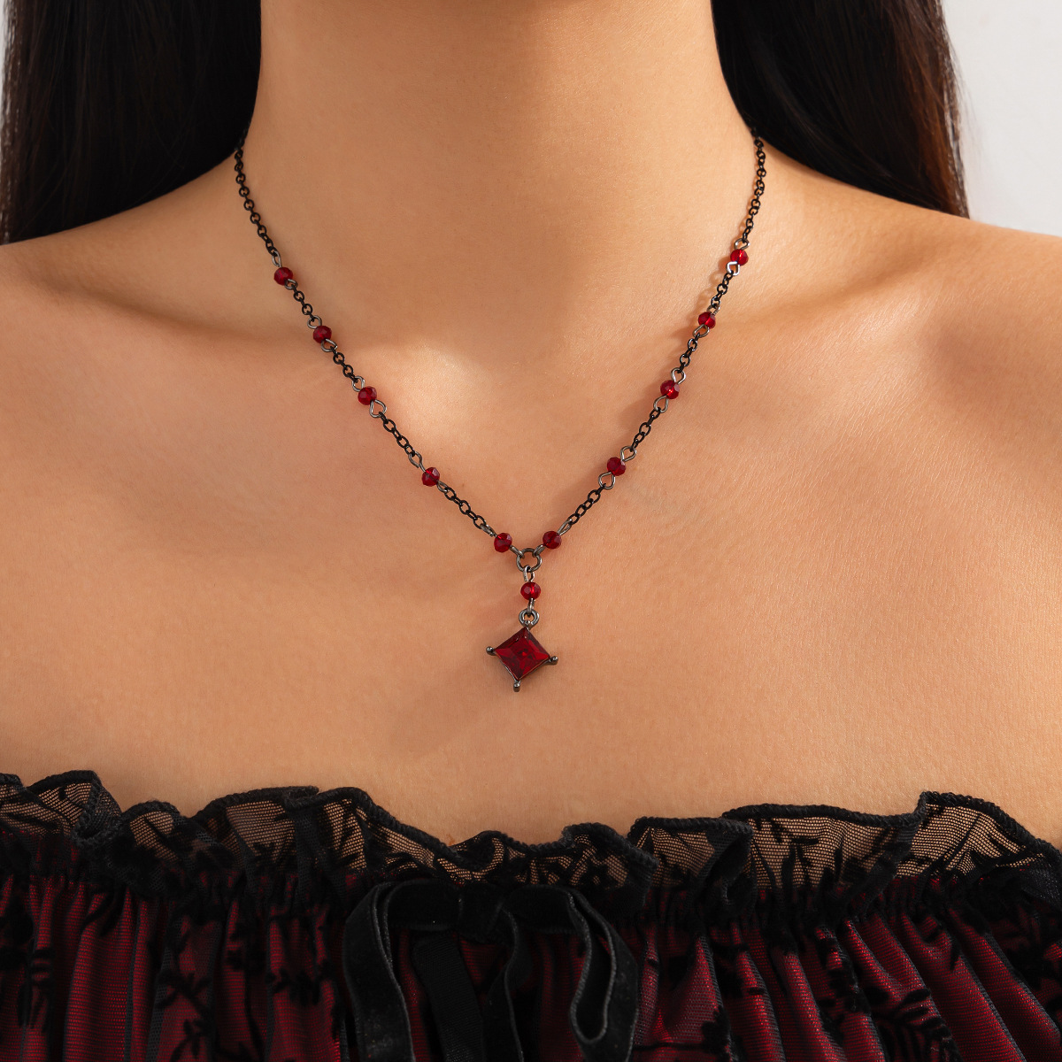 European and American cross-border jewelry Halloween cross pendant crystal necklace Dark style stacked alloy collarbone chain Specification drawing