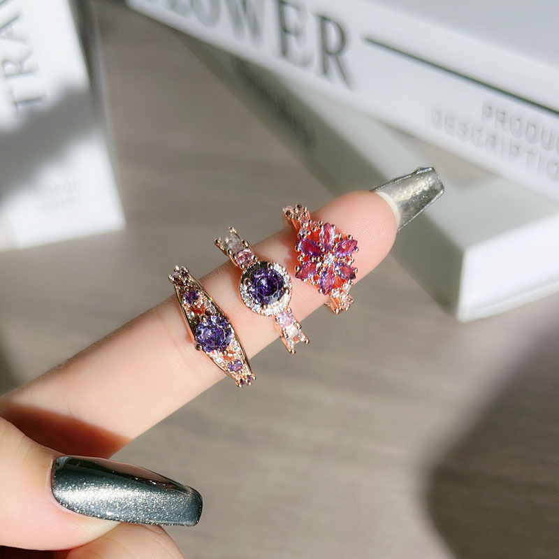 A light luxury, super fairy-like rose gold purple diamond, high-end open ring, sweet, cool, fashionable, niche and cold style ring trend for women full figure