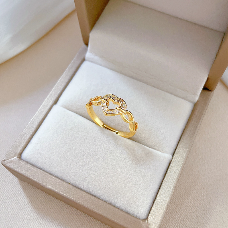 【 Real Gold 】 Chain heart full diamond ring with adjustable opening, simple Japanese-style bracelet, couple rings Specification drawing